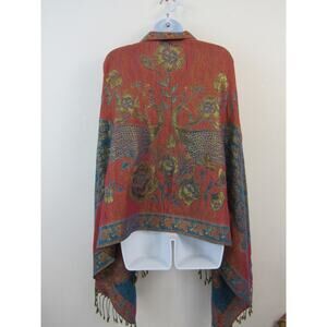 100% Pashmina Shawl Blue Red Orange Metallic Peacocks Fringe Florals Boho Wool